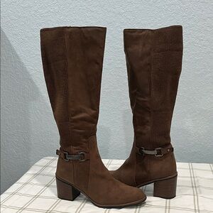 Elegant Brown Faux Suede Knee-High Boots Size 8